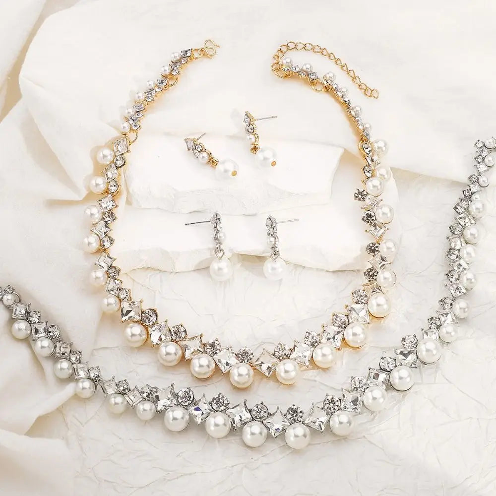 Earrings Sparkling Pearl Jewelry Set Elegant Multi-layer Pearl Necklace Neck Accessory Women Jewelry Pearl Dangle Earrings Girl