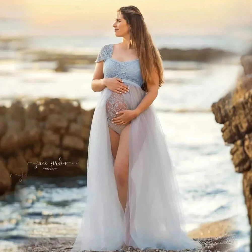 Maternity Photography Dresses Pregnancy Lace Bodysuit Tulle Long Sides Slit With Flying Dress Pregnant Woman Photo Shoot Outfit