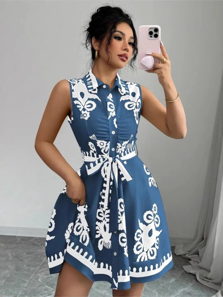 Summer New Fashion Casual Dress For Women Elegant Solid Sleeveless Turn-down Collar Lace Up Office Holiday Dresses Robe Femme