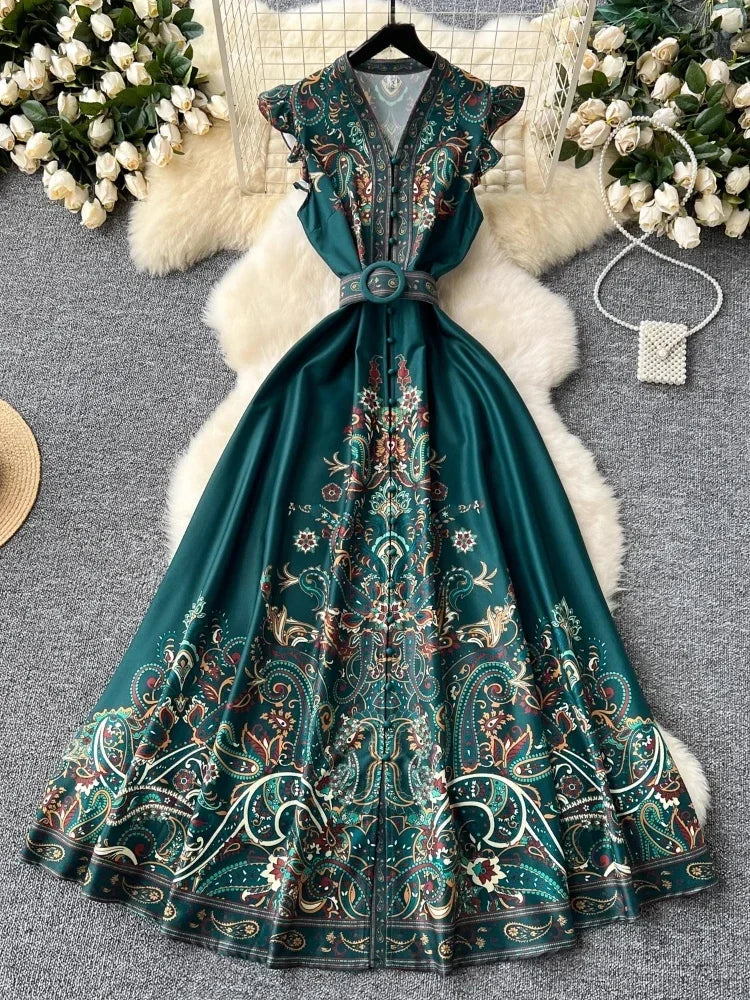French Fashion Bohemian Vintage Dress Women Aesthetic Print Single Breasted Belted Clothes New Design Retro Long Dresses Summer