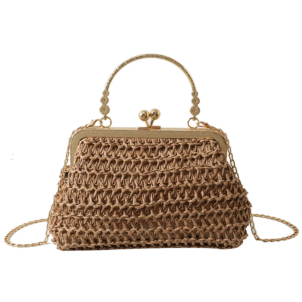 Elegant Ladies Straw Woven Handbag Women Holiday Beach Commute Casual Tote Top-Handle Bags Fashion Retro Shoulder Bags