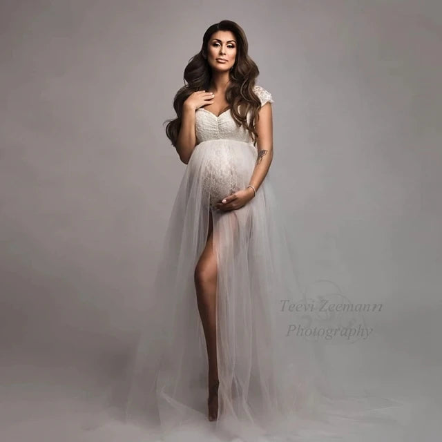 Maternity Photography Dresses Pregnancy Lace Bodysuit Tulle Long Sides Slit With Flying Dress Pregnant Woman Photo Shoot Outfit