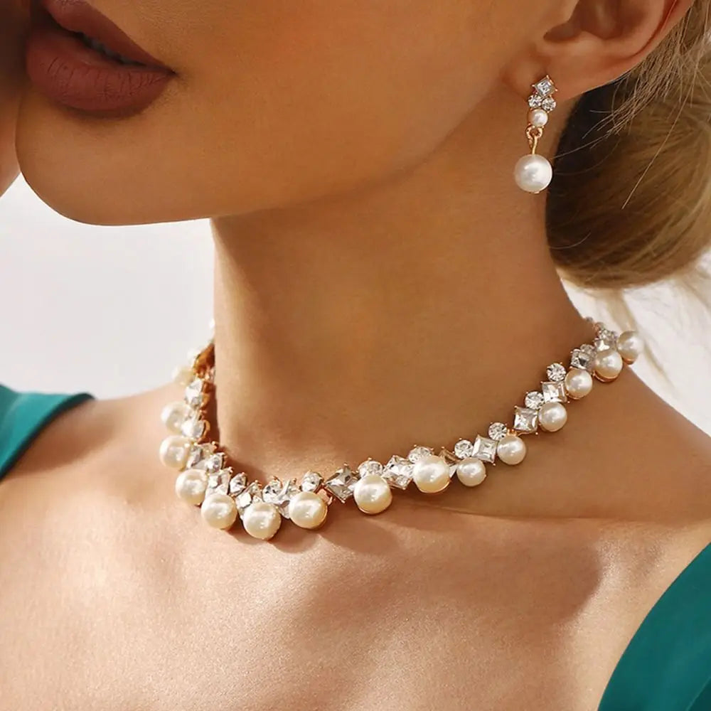 Earrings Sparkling Pearl Jewelry Set Elegant Multi-layer Pearl Necklace Neck Accessory Women Jewelry Pearl Dangle Earrings Girl