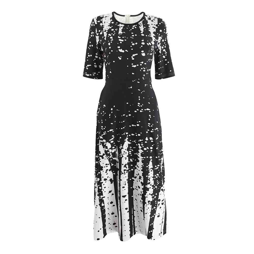 Women's Elegant Party Long Dresses Loose Round Neck Short Sleeves Retro Printed Casual Long Dress 2024