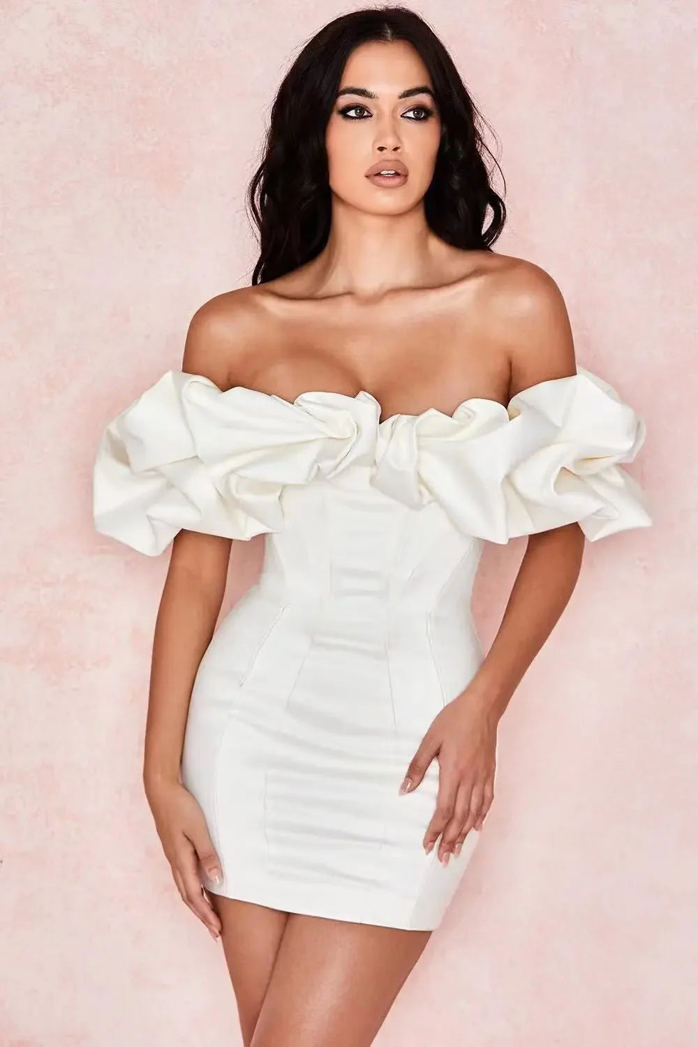 Women Party Dress Sexy Sleeveless White Ruffles Ladies Slim Strapless Empire Dinner Thin Pencil Midi Dresses