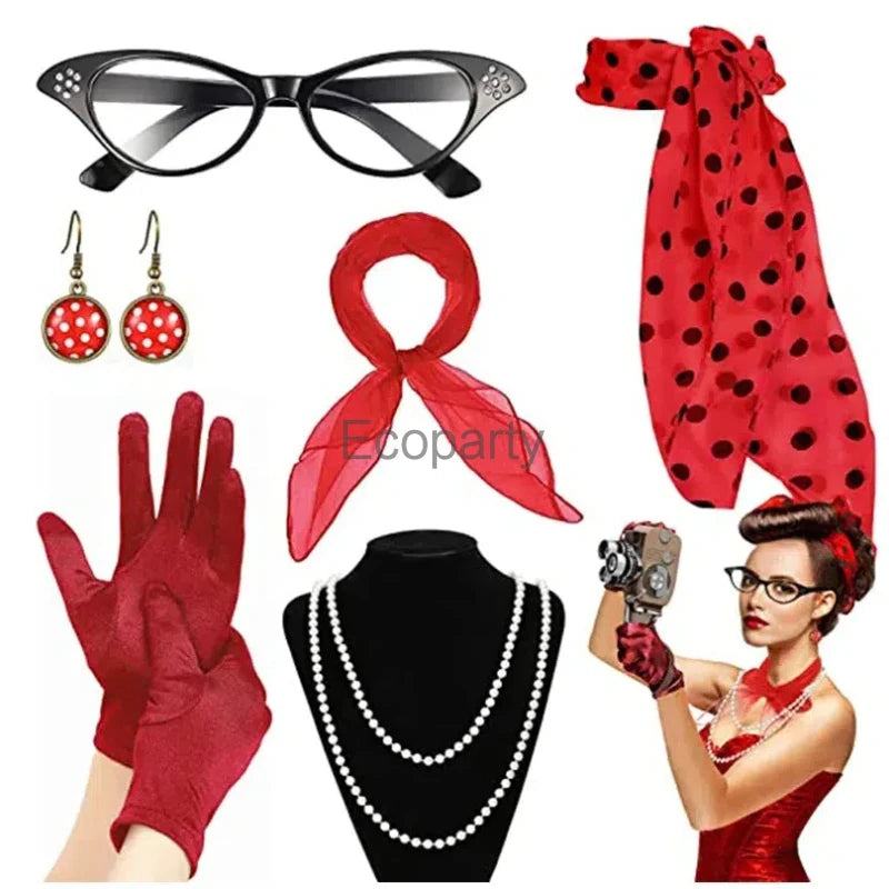Women 1950's Costume Accessories Vintege Polka Dot Headband Necklace Chiffon Scarf Eyeglasses Earrings Set Girls Party Outfits