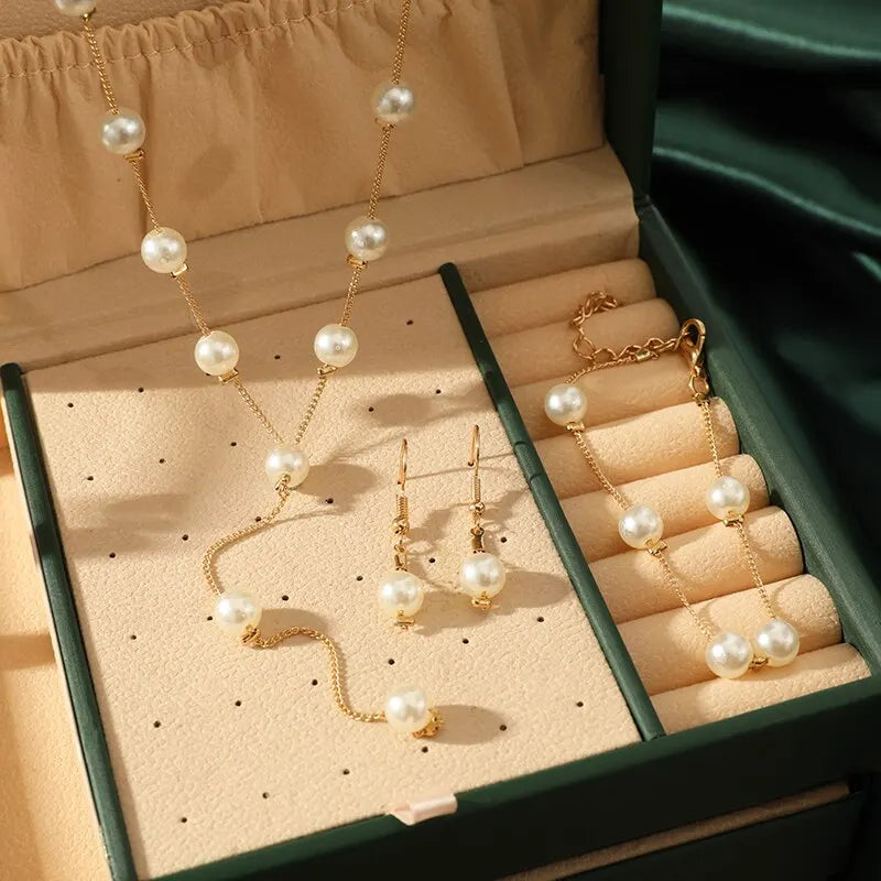 4pcs Gold-color Necklace Earring Bracelet Set Ladies Elegant Imitation-Pearls Collection Temperament Tassel Jewelry