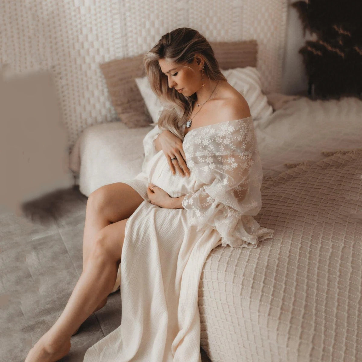 Vintage Boho Lace Maternity Dresses Cotton Baby Shower Dress Pregnancy Photo Shoot Outfit