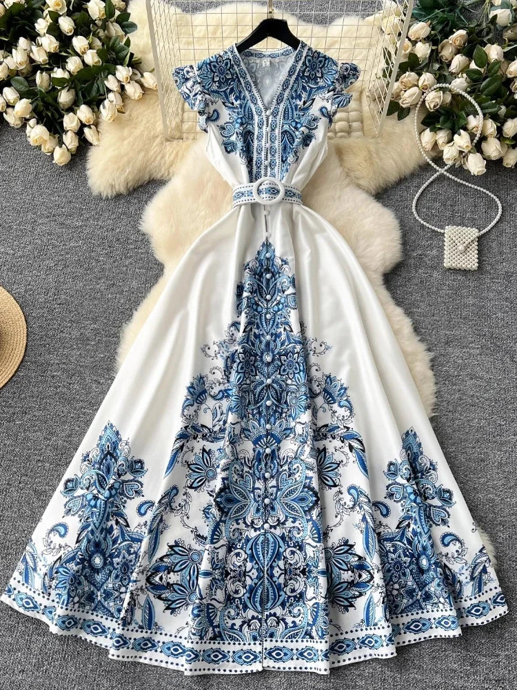 French Fashion Bohemian Vintage Dress Women Aesthetic Print Single Breasted Belted Clothes New Design Retro Long Dresses Summer