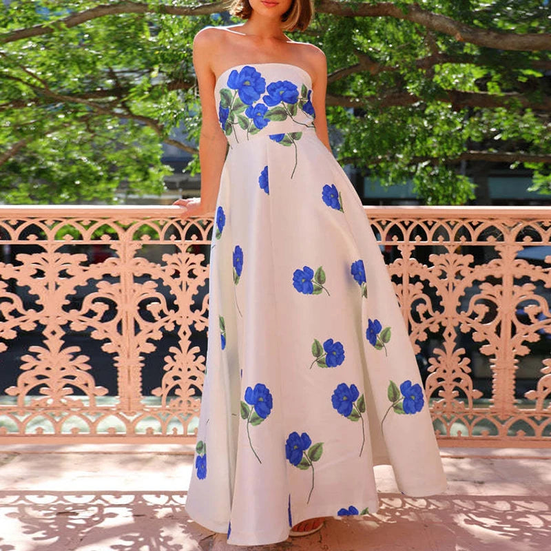 Women Fashion Floral Print Beach Long Dress Casual Sleeveless Hight Waist Party Dress Elegant Strapless Pleated Slim Bohe Dress