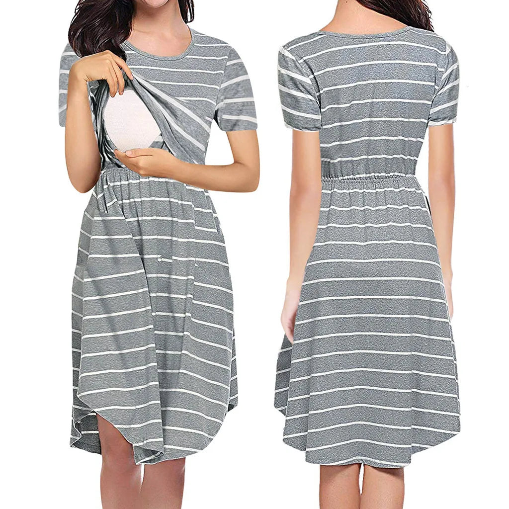 Summer Maternity Care Striped Dresses Pregnant Women Pajamas Multifuntional Mother Breastfeed Dress Premama Baby Shower Clothes