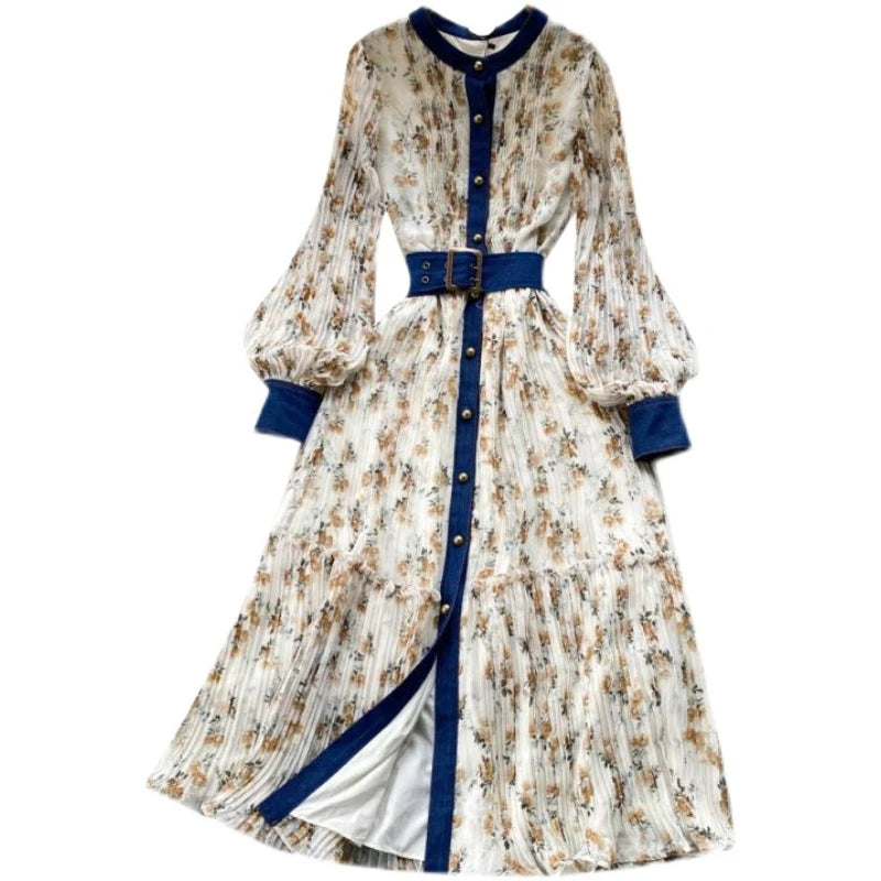Women Temperament Maxi Dresses Vintage Printing Belt Tunic Party Dress Autumn Bohemian Pleated Fashion 2025 Vestidos De Mujer Wj