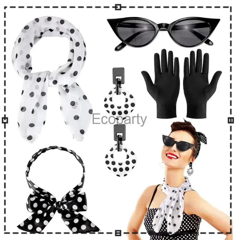 Women 1950's Costume Accessories Vintege Polka Dot Headband Necklace Chiffon Scarf Eyeglasses Earrings Set Girls Party Outfits