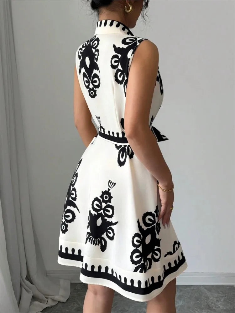 Summer New Fashion Casual Dress For Women Elegant Solid Sleeveless Turn-down Collar Lace Up Office Holiday Dresses Robe Femme