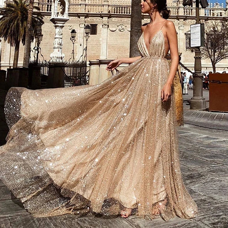 2025 Fashion Evening Dress Sexy Backless Formal Wedding Evening Party Gowns Dresses Women Deep V Spaghetti Strap Mesh Long Dress