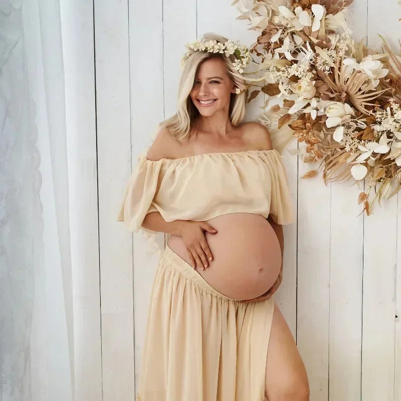 Maternity Dress For Photoshoot Pregnancy Off Shoulder Ruffled Semi Transparent Chiffon Long Dress Photography Dress For Women