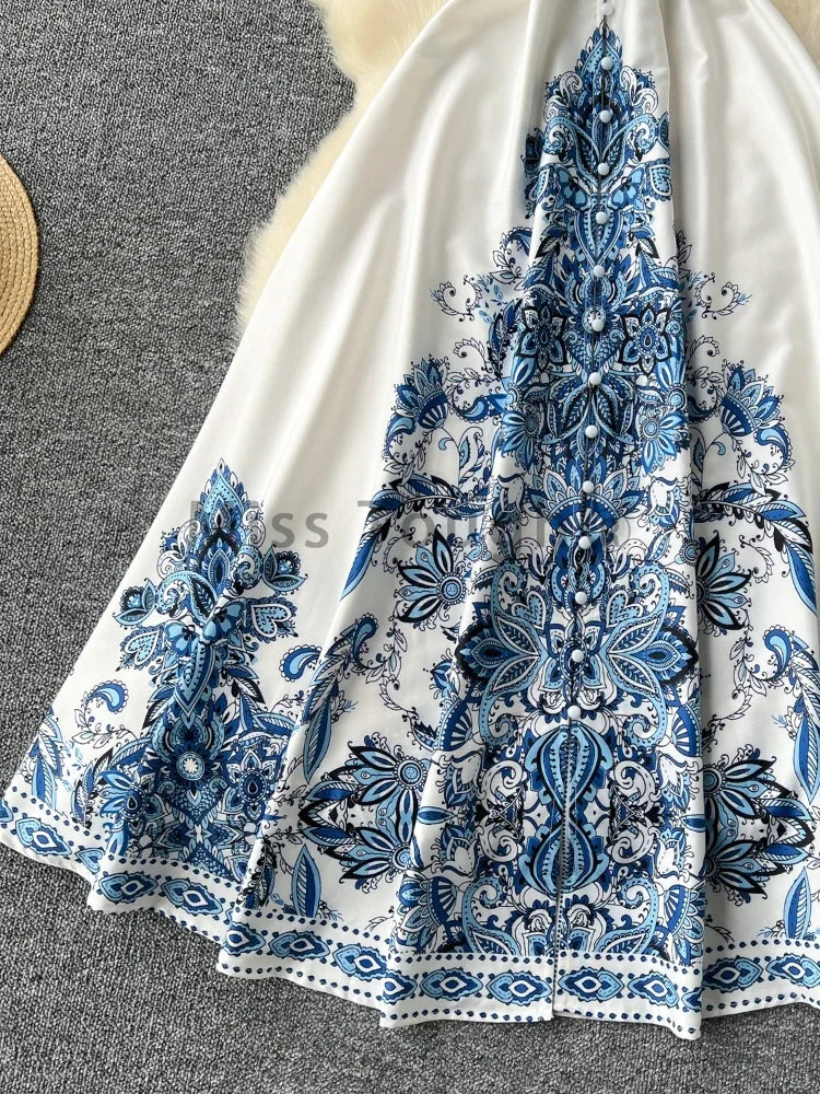 French Fashion Bohemian Vintage Dress Women Aesthetic Print Single Breasted Belted Clothes New Design Retro Long Dresses Summer