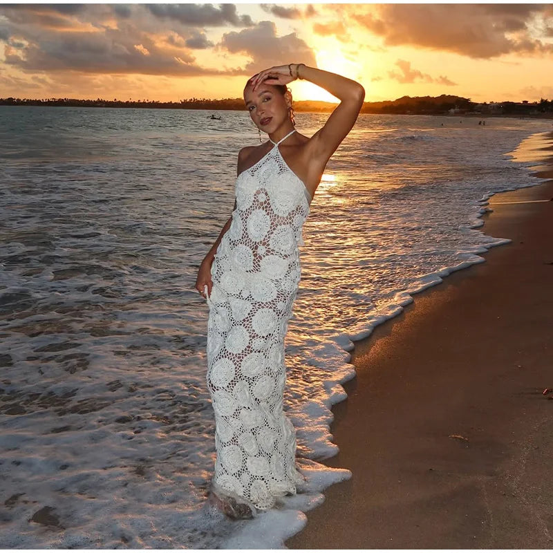 Fashion Flower Knitted Long Dress For Women Halter Sleeveless Transparent Slim Robes 2025 Summer Elegant Female Beach Dresses