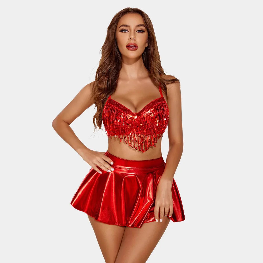 Modern Dance Wear Women Tanks Three Piece Set Sexy 2025 Summer Slight Strech Tassel Party Club Mini Skirts High Waist Sequin