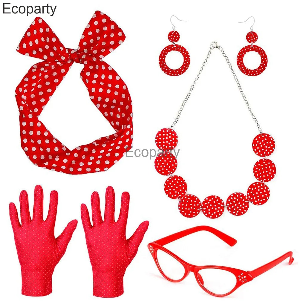 Women 1950's Costume Accessories Vintege Polka Dot Headband Necklace Chiffon Scarf Eyeglasses Earrings Set Girls Party Outfits