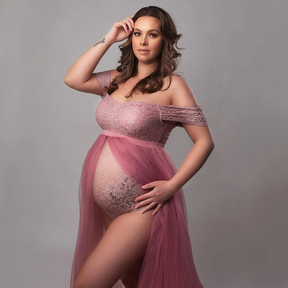 Maternity Photography Dresses Pregnancy Lace Bodysuit Tulle Long Sides Slit With Flying Dress Pregnant Woman Photo Shoot Outfit