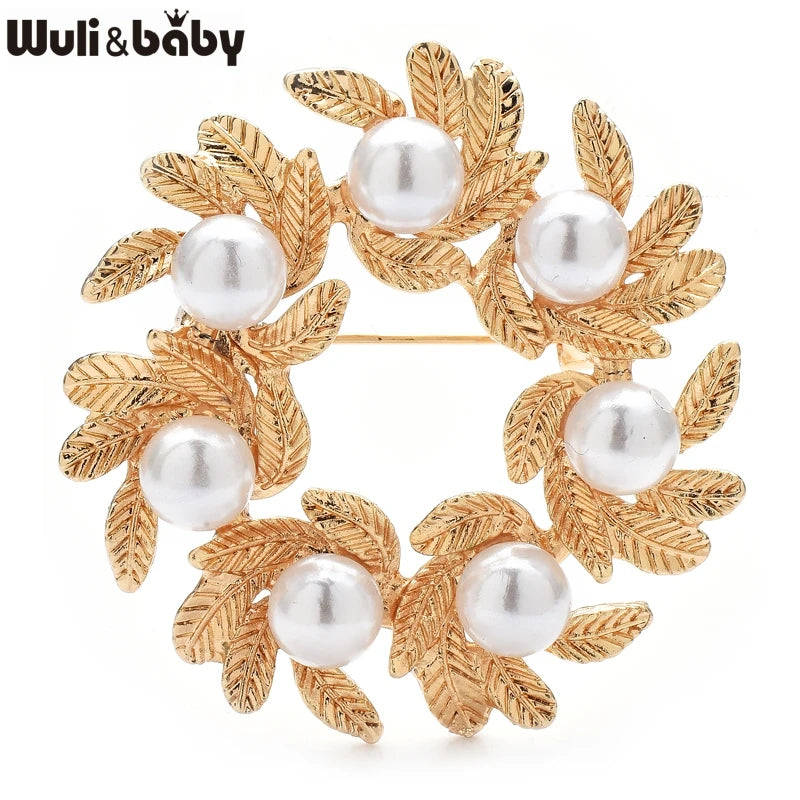 Wuli&baby Pearl Wreath Brooches For Women Unisex 2-color Circle Flowers Party Office Brooch Pins Gifts