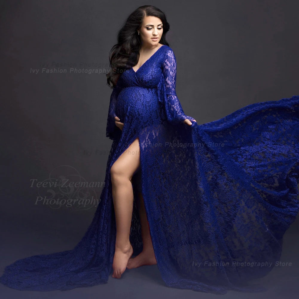 Maternity Photography Dresses Baby Shower Bohemian Photo Shooting Pregnancy Dress Flare Sleeves Red Rose Lace Long Floor Dress