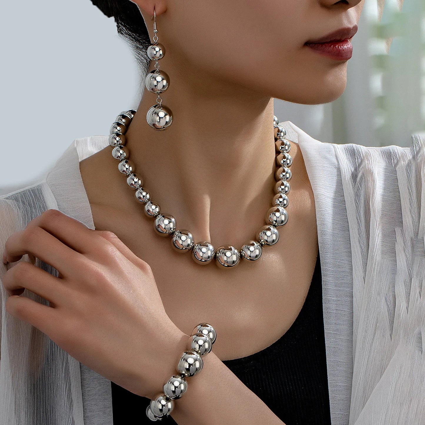 European and American Trendy Beading Luxurious Minimalist Fashionable Elegant Necklace Bracelet Earring Jewelry Set for Women