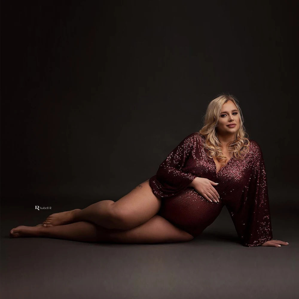 Maternity Photo Shoot Photography Dress For Women Sequins Bodysuit Private Photos Sexy Shiny Long Sleeve Jumpsuit Props Costumes