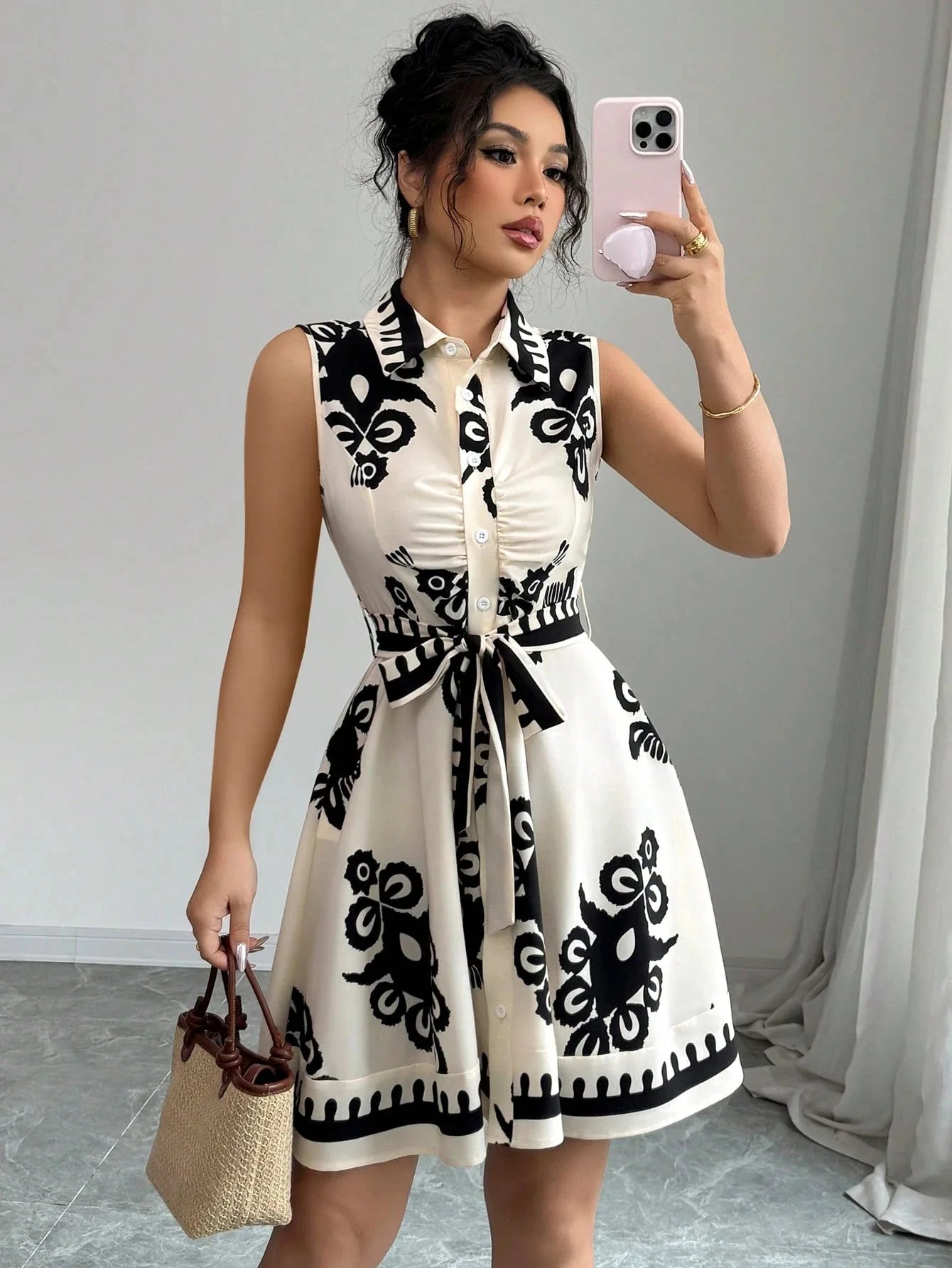 Summer New Fashion Casual Dress For Women Elegant Solid Sleeveless Turn-down Collar Lace Up Office Holiday Dresses Robe Femme