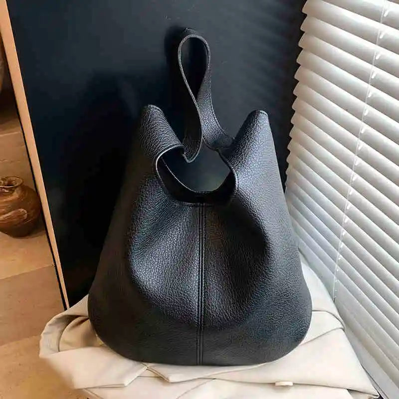 Women Large Capacity Tote Bag Summer Simple Versatile Single Shoulder Bags Casual Solid Color Soft Leather Bucket Handbags