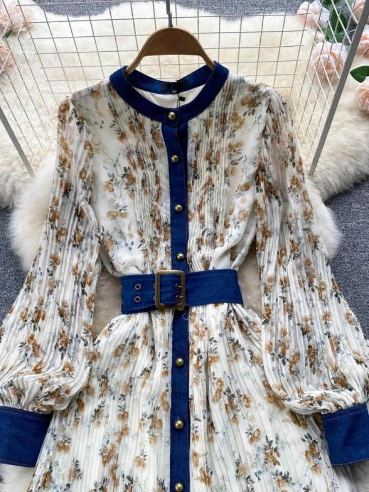 Women Temperament Maxi Dresses Vintage Printing Belt Tunic Party Dress Autumn Bohemian Pleated Fashion 2025 Vestidos De Mujer Wj