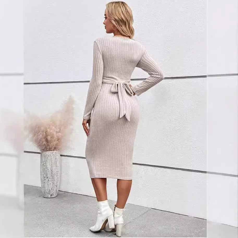 Maternity Dress Fashion Pregnancy Clothes Long Sleeve Temperament Slim Solid Color Knit Maternities Dresses One-piece Skirt