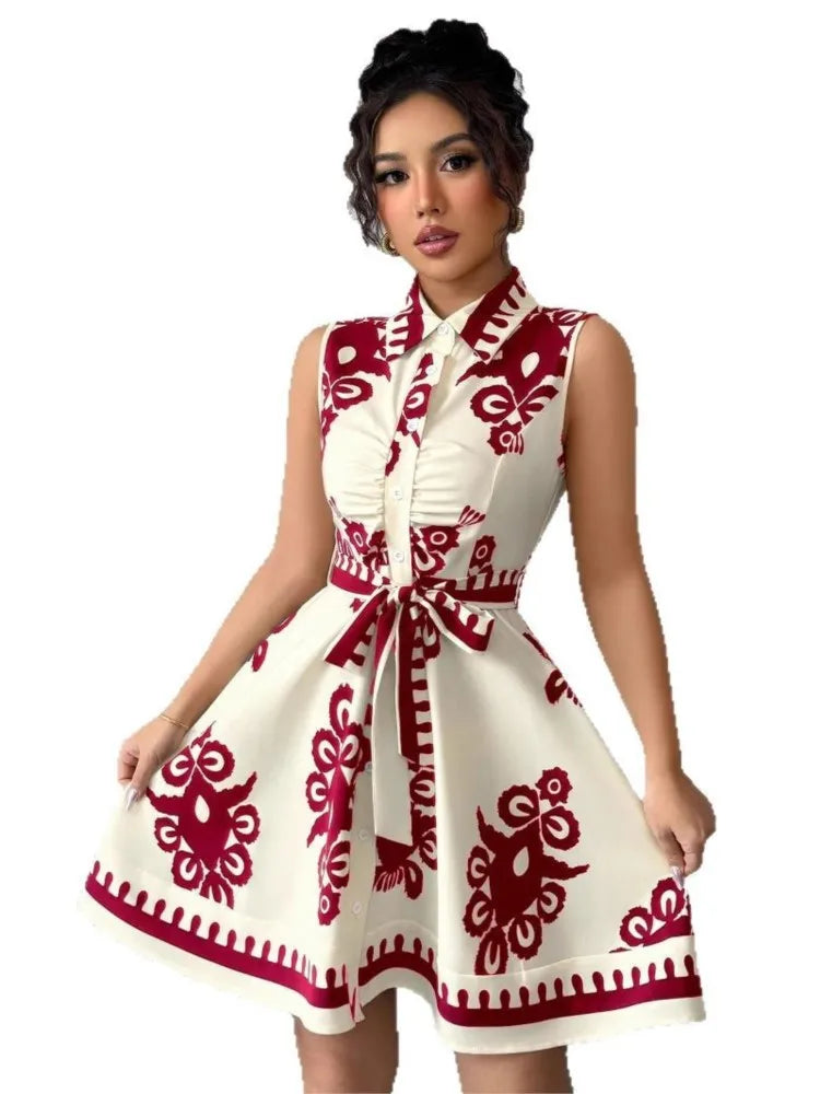 Summer New Fashion Casual Dress For Women Elegant Solid Sleeveless Turn-down Collar Lace Up Office Holiday Dresses Robe Femme