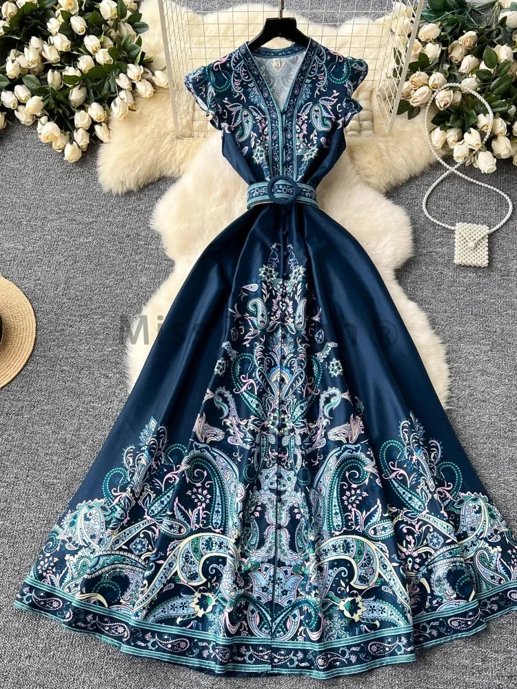 French Fashion Bohemian Vintage Dress Women Aesthetic Print Single Breasted Belted Clothes New Design Retro Long Dresses Summer