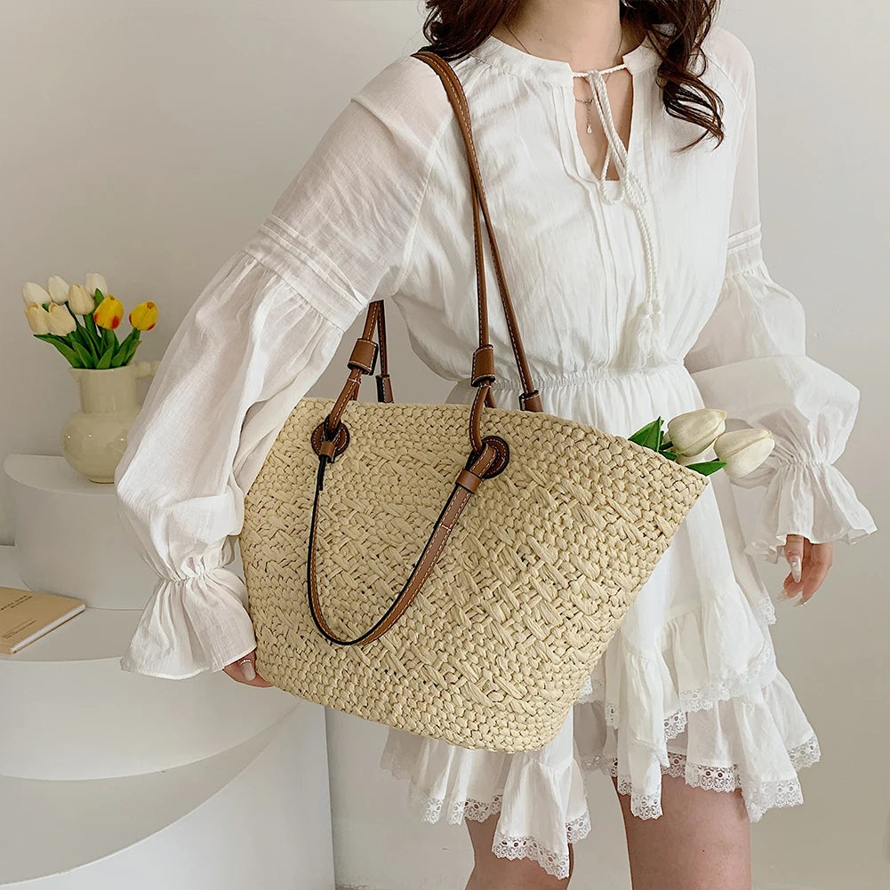 Women Woven Tote Bag Fashion Shoulder Bag Large Capacity Summer Beach Bags Stylish Weaving Bag Chic Hobo Bag for Outdoor Travel