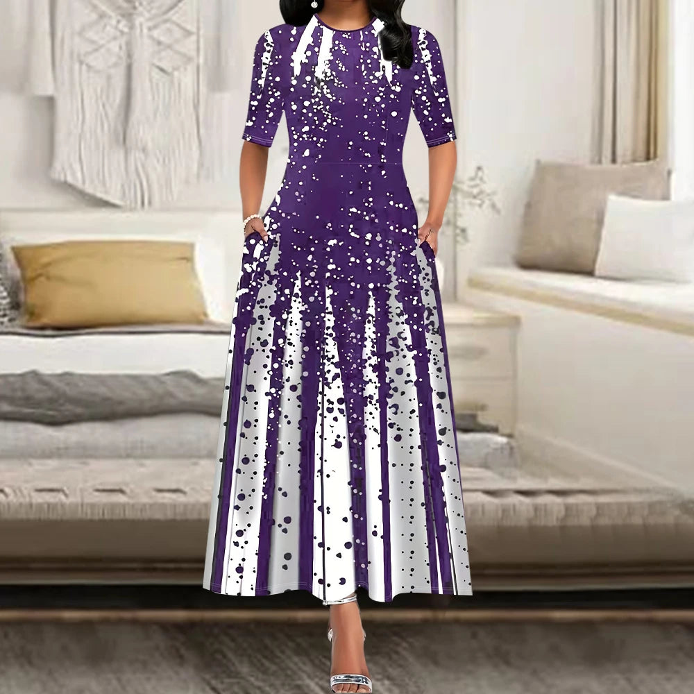 Women's Elegant Party Long Dresses Loose Round Neck Short Sleeves Retro Printed Casual Long Dress 2024