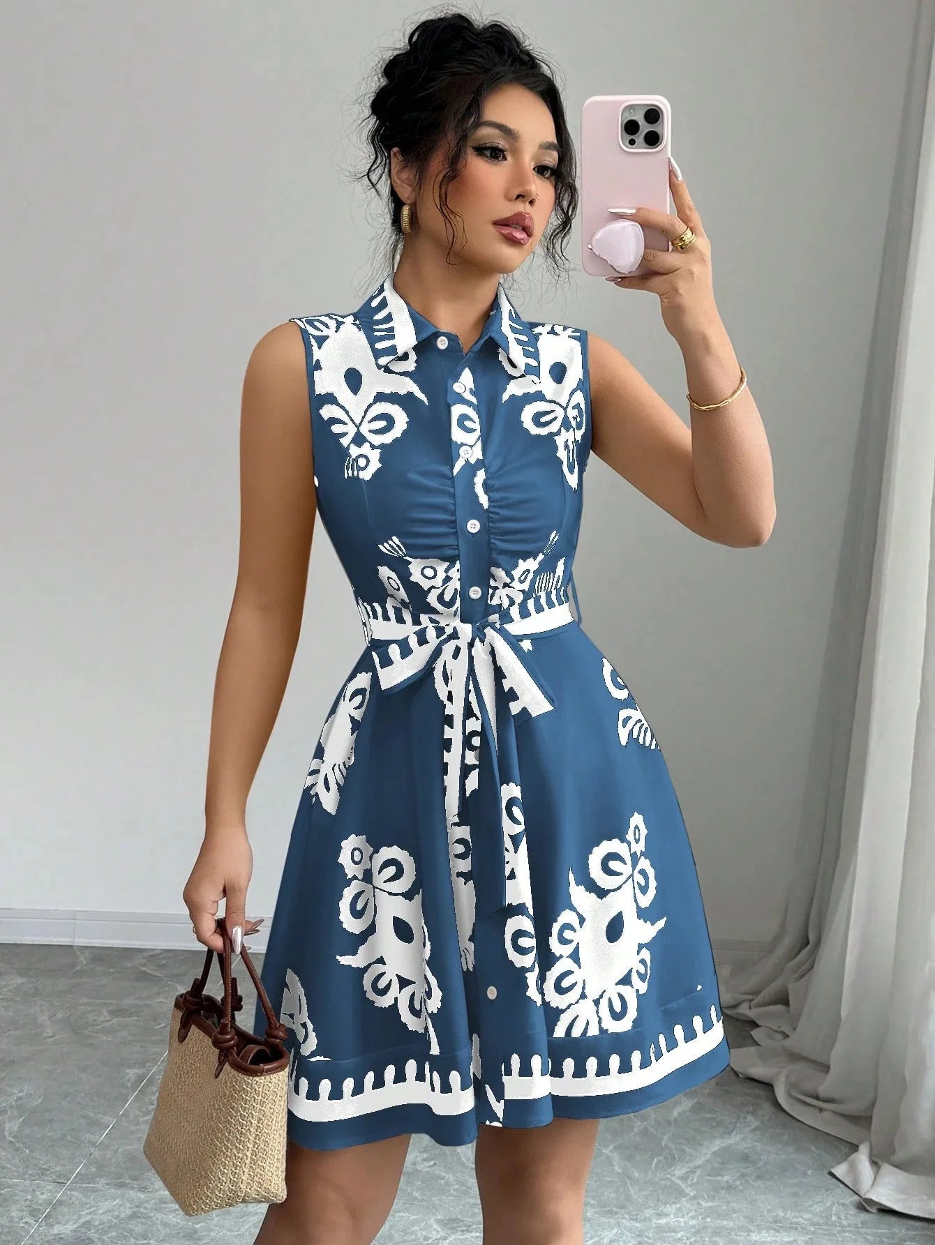Summer New Fashion Casual Dress For Women Elegant Solid Sleeveless Turn-down Collar Lace Up Office Holiday Dresses Robe Femme