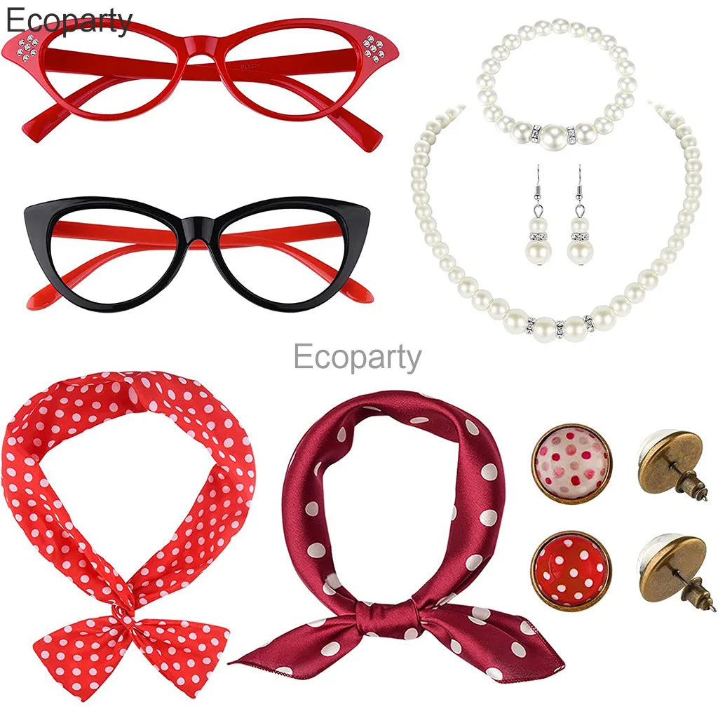 Women 1950's Costume Accessories Vintege Polka Dot Headband Necklace Chiffon Scarf Eyeglasses Earrings Set Girls Party Outfits