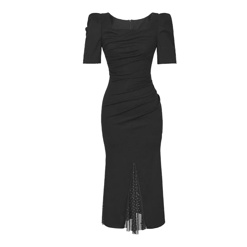 Women‘s Fashion French Retro Maxi Dress Woman Elegant Black Skinny Fishtail Robe Evening Party Vestidos Prom Banquet Gown Female