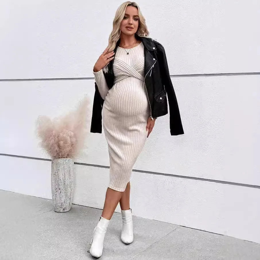 Maternity Dress Fashion Pregnancy Clothes Long Sleeve Temperament Slim Solid Color Knit Maternities Dresses One-piece Skirt