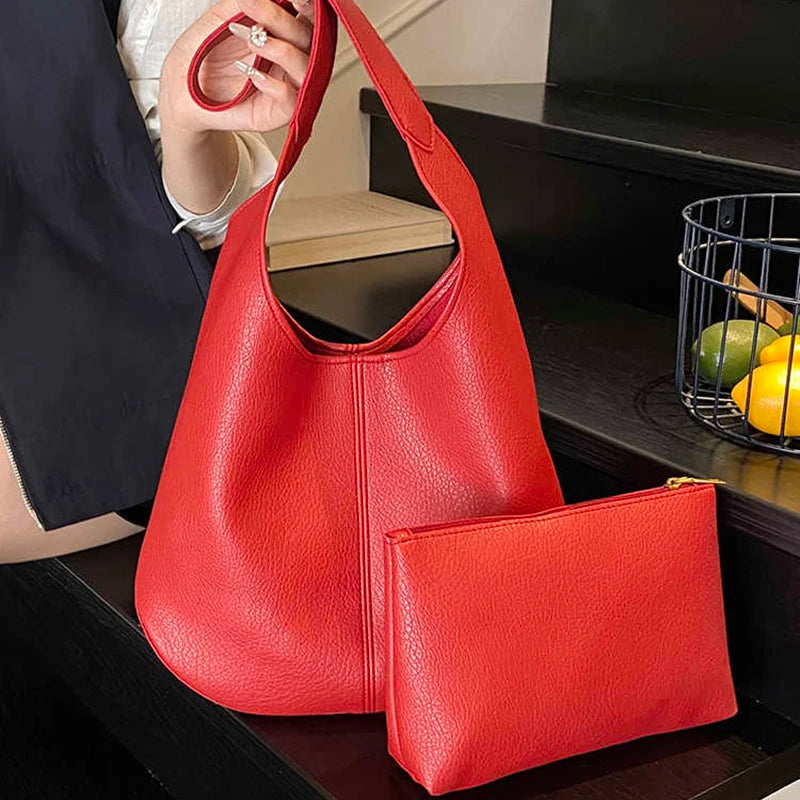 Women Large Capacity Tote Bag Summer Simple Versatile Single Shoulder Bags Casual Solid Color Soft Leather Bucket Handbags