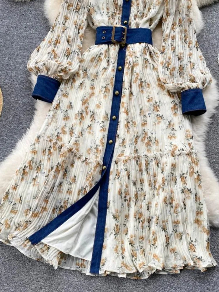 Women Temperament Maxi Dresses Vintage Printing Belt Tunic Party Dress Autumn Bohemian Pleated Fashion 2025 Vestidos De Mujer Wj