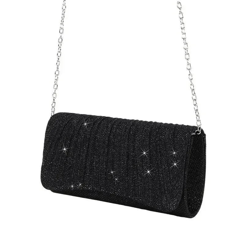 Stylish Evening Clutch Personalized Women'S Bags Party Handbag Wedding Ladies Bag Simple Shiny Pleated Shoulder Bag Long Chain