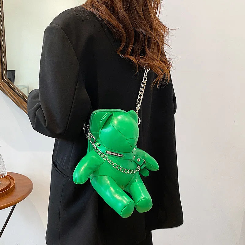 Cartoon Cute Bags for Women 2022 New Luxury Handbags Designer Bear Doll Leather Fashion Chain Phone Crossbody Shoulder Bag Woman