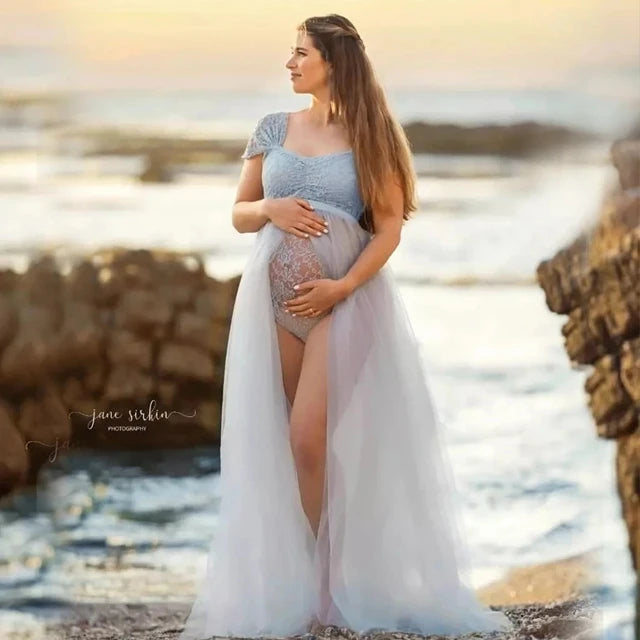 Maternity Photography Dresses Pregnancy Lace Bodysuit Tulle Long Sides Slit With Flying Dress Pregnant Woman Photo Shoot Outfit
