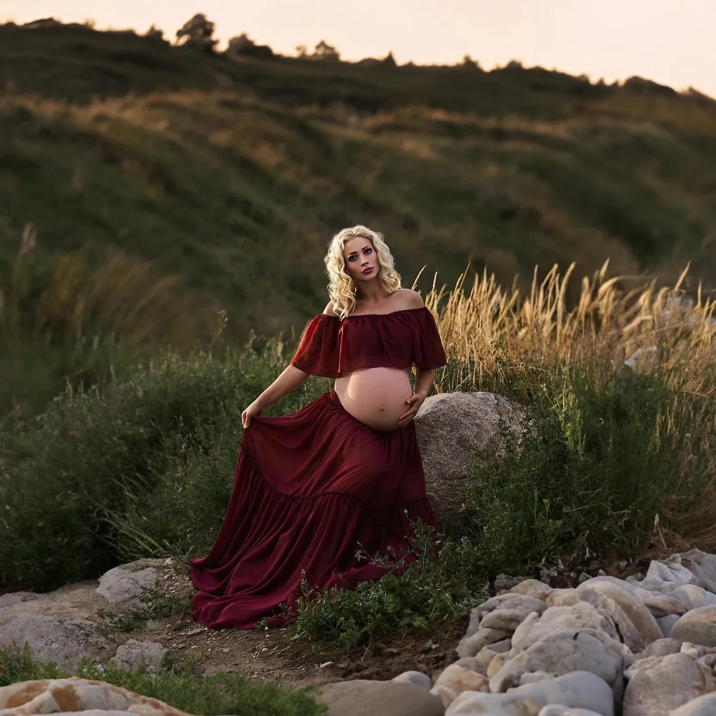 Maternity Dress For Photoshoot Pregnancy Off Shoulder Ruffled Semi Transparent Chiffon Long Dress Photography Dress For Women