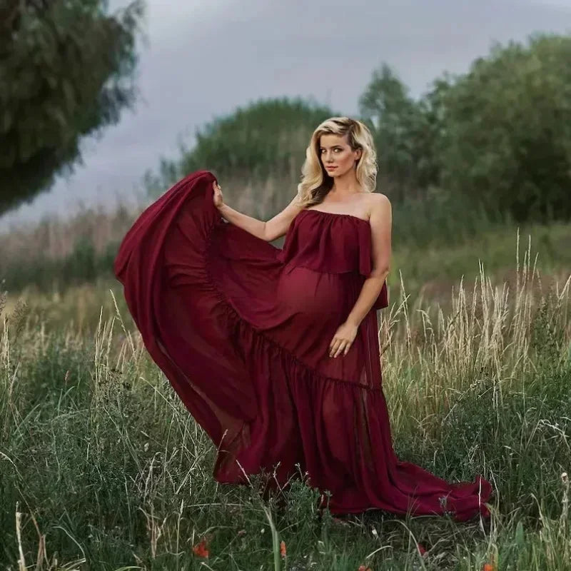 Maternity Dress For Photoshoot Pregnancy Off Shoulder Ruffled Semi Transparent Chiffon Long Dress Photography Dress For Women