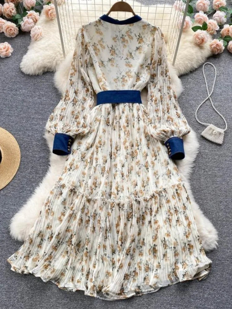 Women Temperament Maxi Dresses Vintage Printing Belt Tunic Party Dress Autumn Bohemian Pleated Fashion 2025 Vestidos De Mujer Wj
