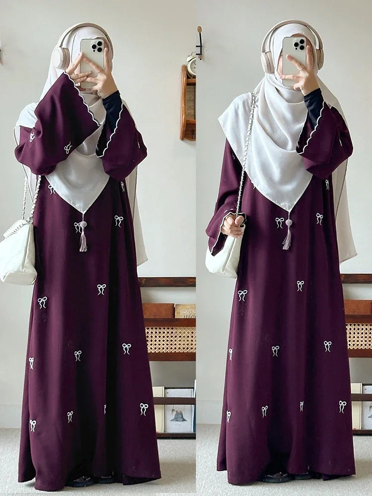 Eid Women Party Dress Muslim Abaya Bow Embroidery Modest Jalabiya Ramadan Long Dresses Abayas Vestidos Largos Kaftan Long Robe